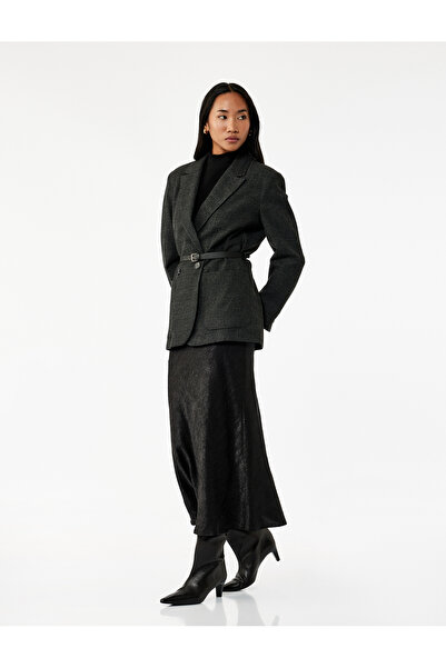 Koton Slim Fit Balık Kesim Dokulu Midi Saten Etek