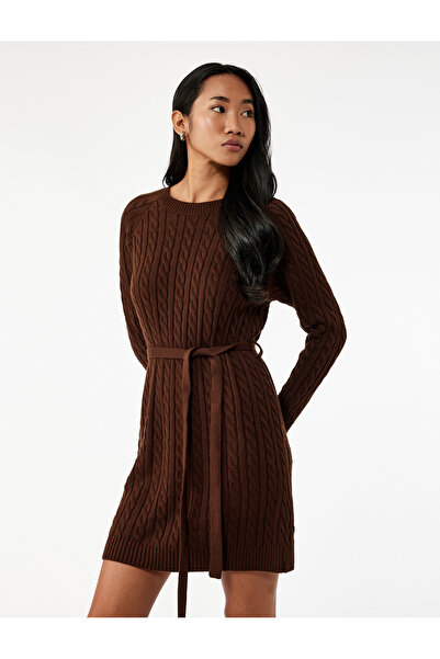 Koton Μίνι φόρεμα πλεκτό με μακρύ μανίκι και λαιμόκοψη με ζώνη