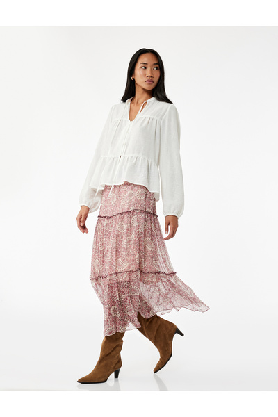 Koton Astarlı Etnik Desenli Beli Lastikli Fırfırlı Midi Şifon Etek