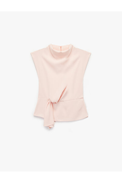 Koton Κρεπ υφασμάτινο καπάκι μανίκια Όρθιος γιακάς Λεπτομερής μπλούζα με κόμπο