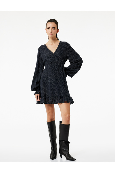 Koton Long Sleeve Ruffle Patterned Double Breasted Mini Dress