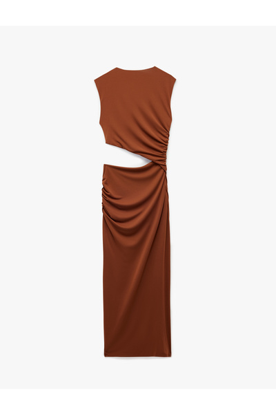 Koton Sleeveless Draped Window Detail Crew Neck Long Bodycon Dress