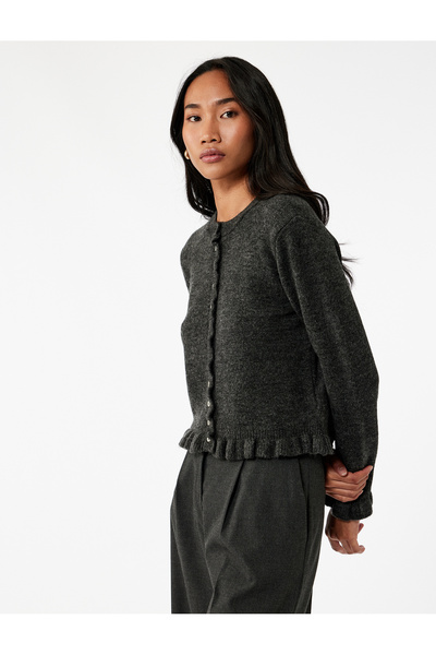 Koton Ruffle Detailed Long Sleeve Crew Neck Knitwear Cardigan