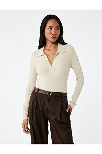 Koton Polo-Kragen Strickware Beige Damenpullover 6WAK90122HT