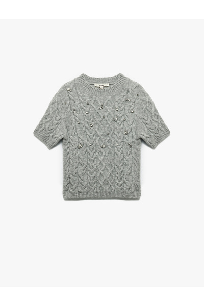 Koton Regular Fit Kısa Kollu Bisiklet Yaka Taşlı Saç Örgü Kazak