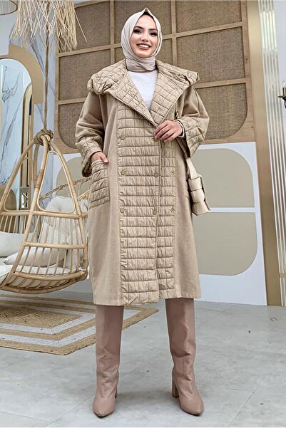 TRENDTESETTÜR Women's Mink Quilted Detailed Cashmere Coat 6077