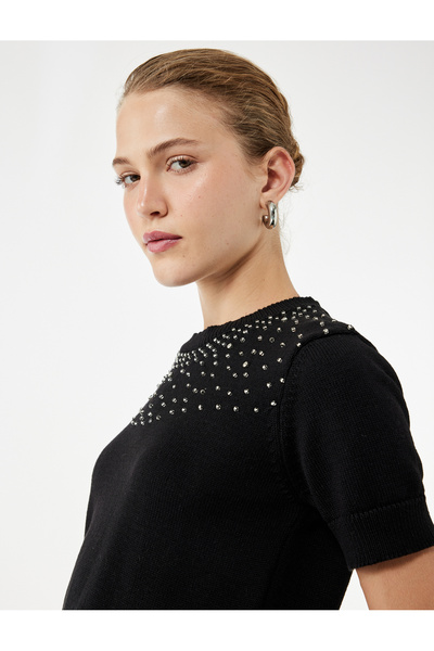 Koton Kısa Kollu Bisiklet Yaka Taşlı Triko Kazak