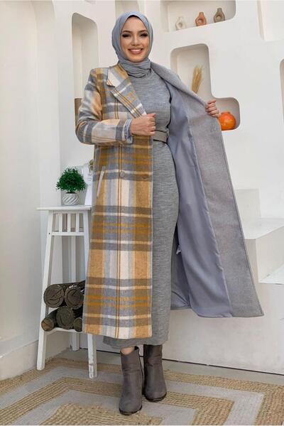 TRENDTESETTÜR WOMEN'S GRAY PLAID PATTERNED COAT T 2977