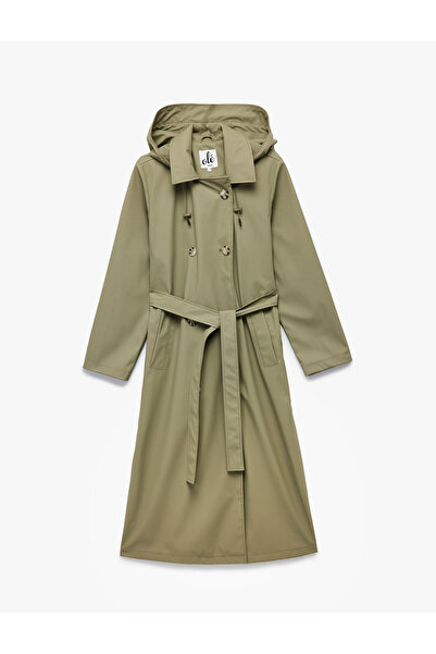 Koton Düğmeli Kemer Detaylı Kruvaze Yaka Çıkarılabilir Kapüşonlu Uzun Trençkot