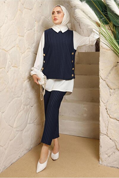 TRENDTESETTÜR Women's Navy Blue Striped Triple Vest Suit t 5443
