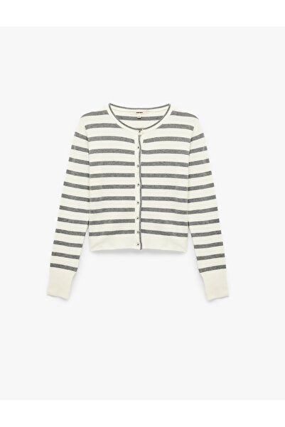 Koton Long Sleeve Crew Neck Striped Knitwear Cardigan