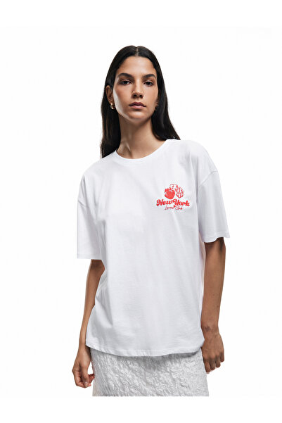 Koton Tricou oversize din bumbac cu mânecă scurtă, cu decolteu, cu imprimeu c...