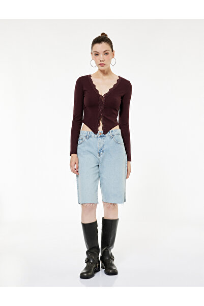 Koton Camisole Lace Detail V Neck Long Sleeve Button Asymmetrical Crop T-Shirt