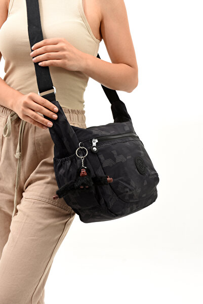 Sanmorris Women's Black Patterned Crinkle Fabric Cross Shoulder Bag with Accessories