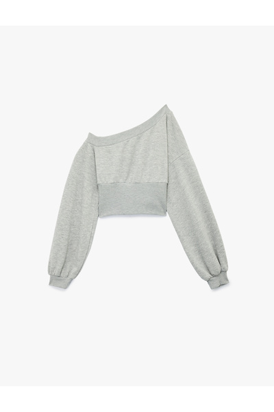 Koton Asymmetric Collar Off-The-Shoulder Corset Detailed Long Sleeve Crop Sweatshirt