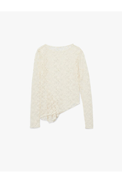 Koton Asymmetrical Crew Neck Lace Detailed Long Sleeve T-Shirt