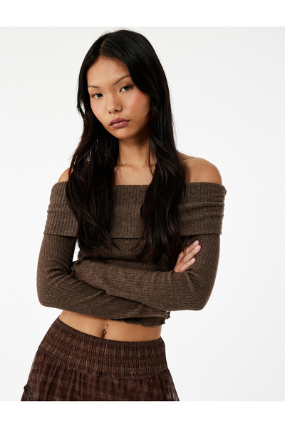 Koton Μακρυμάνικο μπλουζάκι με λεπτή εφαρμογή από βισκόζη με ανοιχτό ώμο