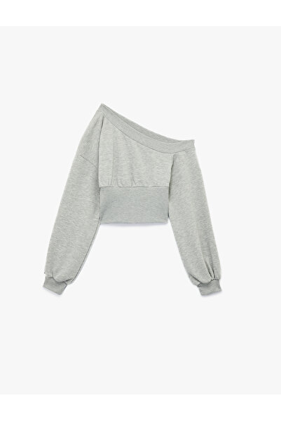 Koton Asymmetric Collar Off-The-Shoulder Corset Detailed Long Sleeve Crop Sweatshirt