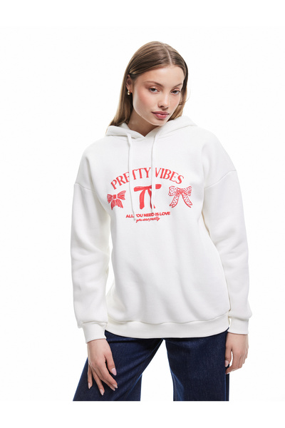 Koton Printed Three Thread Raised Hooded Oversize Sweatshirt