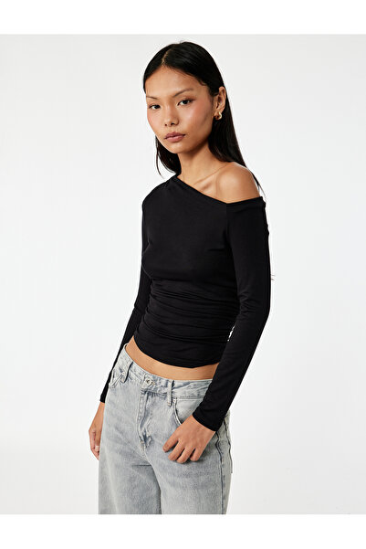 Koton Slim Fit Off-Shoulder Long Sleeve Viscose Draped T-Shirt