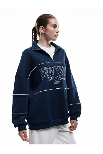 Koton Oversize Uzun Kollu Fermuarlı Yaka Şardonlu Sweatshirt