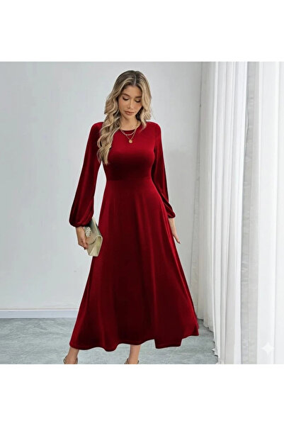 Genel Markalar Kadın Uzun Kollu Bisiklet Yaka Midi Kadife Elbise