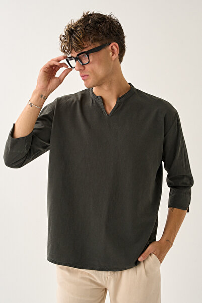 Dechers Ανδρικό πουκάμισο Fakir με λαιμόκοψη V με άνετο 100% βαμβακερό πουκάμισο E211