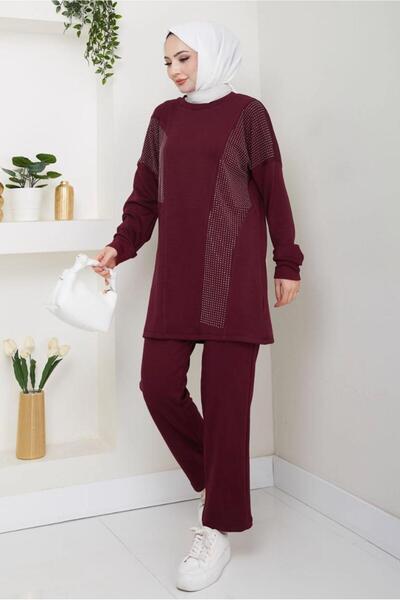TRENDTESETTÜR Women's Burgundy Pants Knitted Suit t 7075