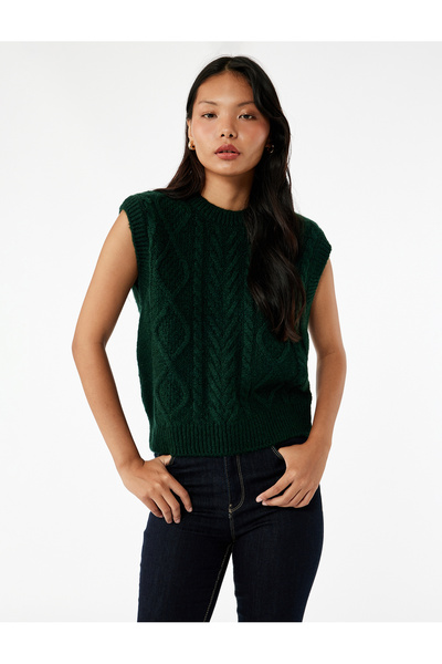 Koton Hair Braid Textured Sleeveless Crew Neck Knitwear Sweater