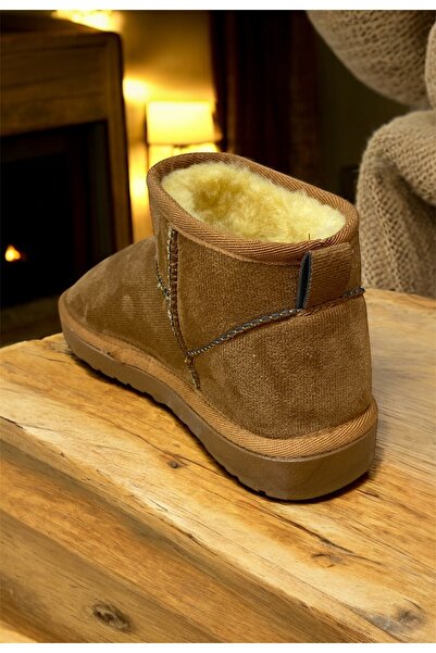 güneşayakkabı Kadın Süet İçi Kürklü İnce Taban Bilekte Kısa Ug Bot Taba