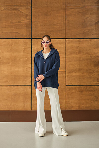 LOCCO Γυναικείο πουλόβερ Λεπτομέρεια με κουκούλα Ζακέτα Ναυτικό Μπλε