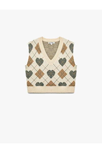 Koton Плетен пуловер без ръкави с V-образно деколте и сърцевиден мотив