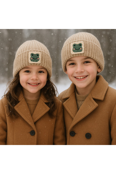 byebruketenci قبعة صوفية فاخرة للأطفال والشباب باللون البيج بنمط الضفدع هدية ...