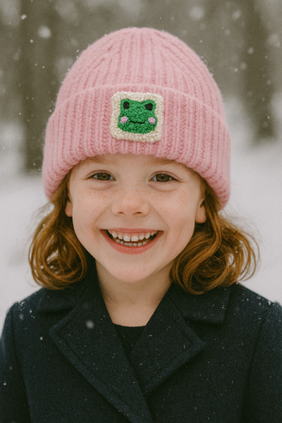 byebruketenci Broască pentru copii din lână roz - Detaliu figurat tip punch