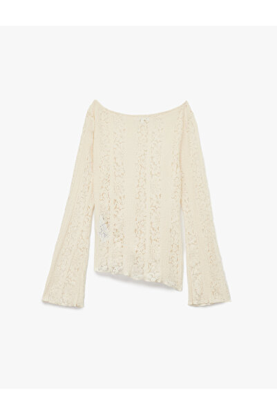 Koton Ασύμμετρο μπλουζάκι με λαιμόκοψη με μακρύ μανίκι Slim Fit Ruched