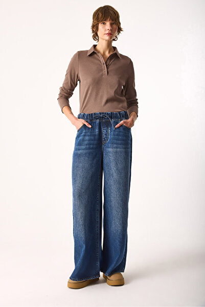 VENA Elastic Waist Wide Leg Dark Blue Jean Pants (Tm)-Dark Blue