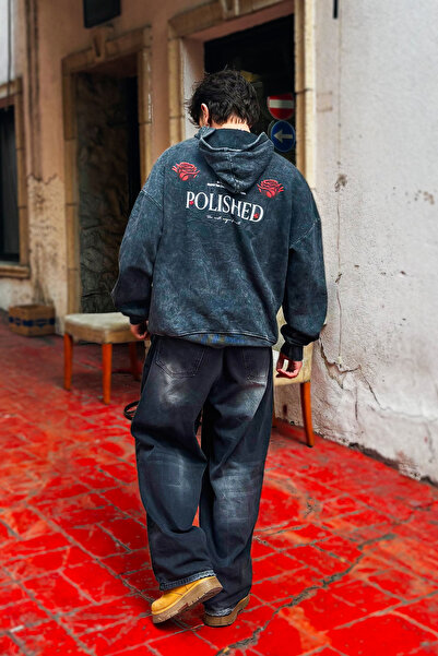 Sekizbiraltı Hanorac negru oversize unisex lavabil cu imprimeu Rose poloneză