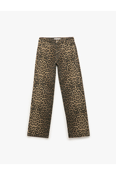 Koton Pamuklu Taş Detaylı Düğmeli Cepli Leopar Desenli Jean Pantolon - Longer Straight Jean