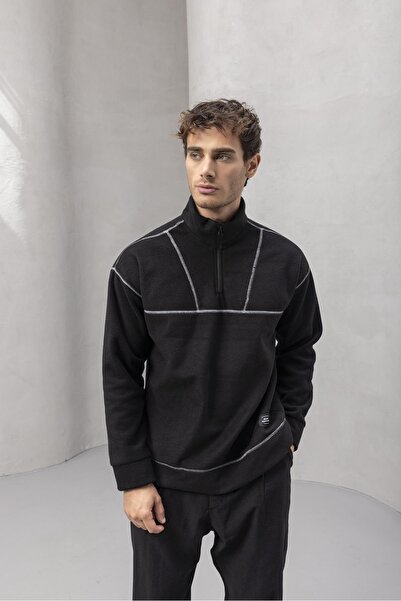 Valiberta Мъжка суитшърт Crowe Striped Oversized Half-Zip Polar - черна