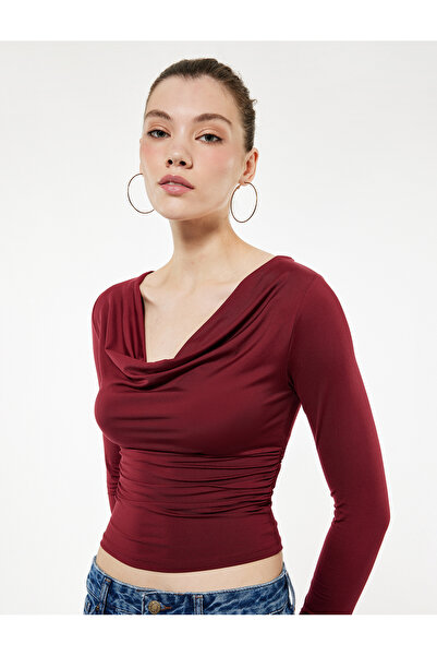 Koton Μπλουζάκι με μακρύ μανίκι με λαιμόκοψη με ντραπέλι σε λεπτή εφαρμογή