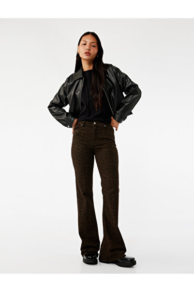 Koton Yüksek Bel Dar Kesim İspanyol Paça Leopar Pantolon - Flare Jeans