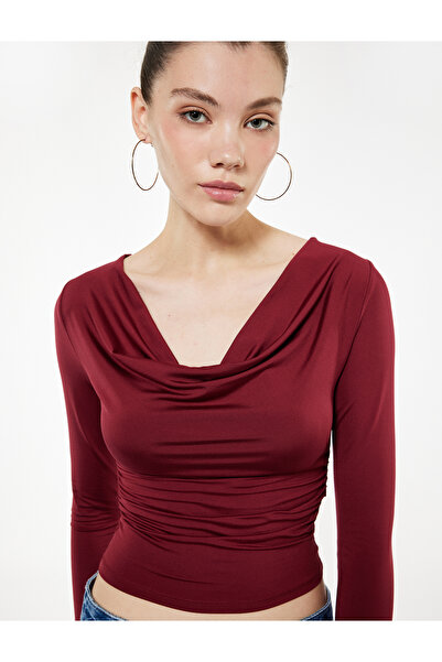 Koton Μπλουζάκι με μακρύ μανίκι με λαιμόκοψη με ντραπέλι σε λεπτή εφαρμογή