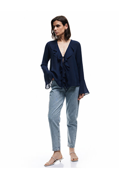 Koton Yüksek Bel Düğmeli Cepli Düz Paça Mom Fit Jean Pantolon - Mom Slim Jean