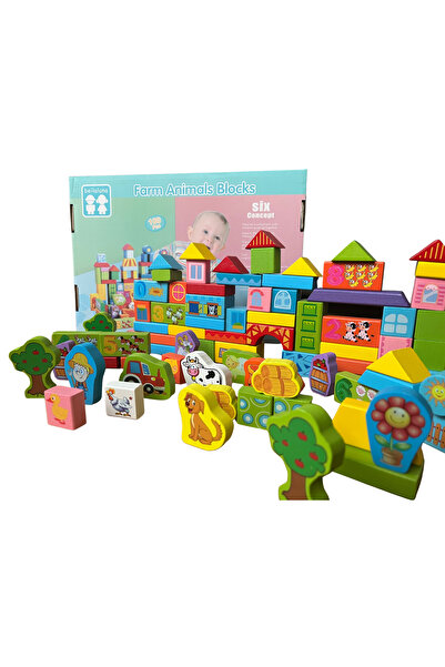 Beilaluna Multicolored wooden building blocks, 100 pieces, Farm Animals Blocks,