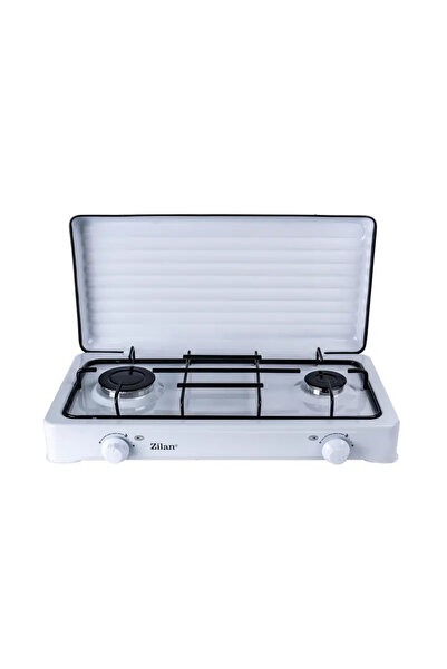 Zilan 2-burner gas stove 58x29 cm with gas cylinder pressure gauge.
