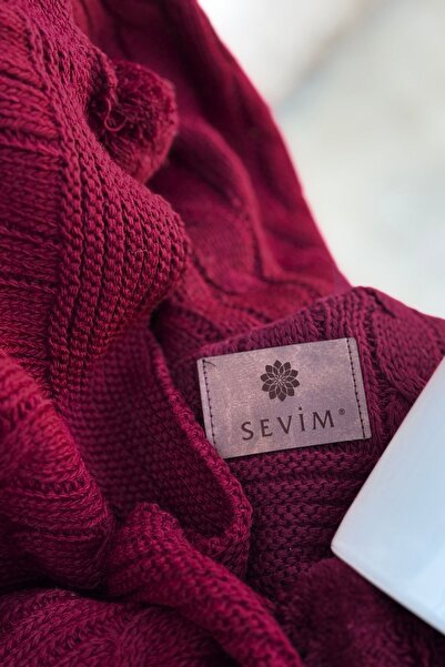 Sevim Бордовий трикотажний плед з помпонами - плед для дивана та плечей, колінний плед - 130x170 см