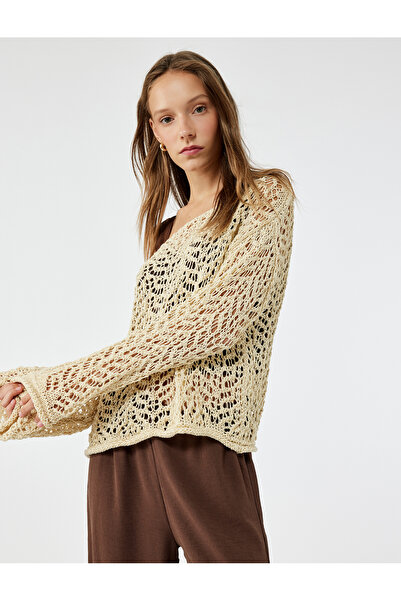 Koton Long Sleeve Crew Neck Knitwear Openwork Sweater