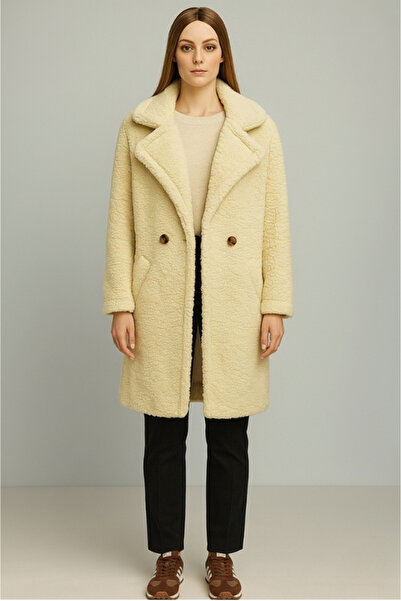ZEYNEP RANA Women's Lined Pocketed 2-Button Plush Coat