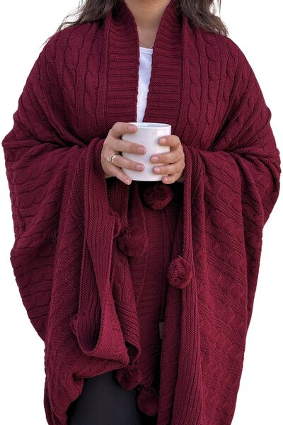 Sevim Бордовий трикотажний плед з помпонами - плед для дивана та плечей, колінний плед - 130x170 см