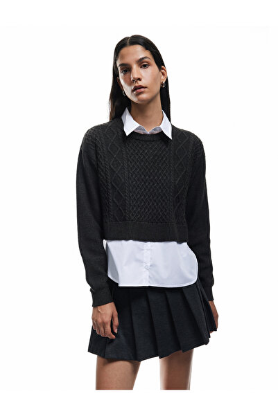 Koton Cămașă cu mânecă lungă, cu guler, tricotat, pulover texturat din amestec de viscoză